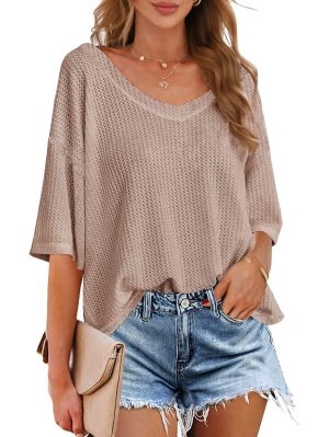 MEROKEETY Women’s V Neck Batwing Half Sleeve Shirts Waffle Knit Loose Blouse Solid Color Tops, Apricot, L